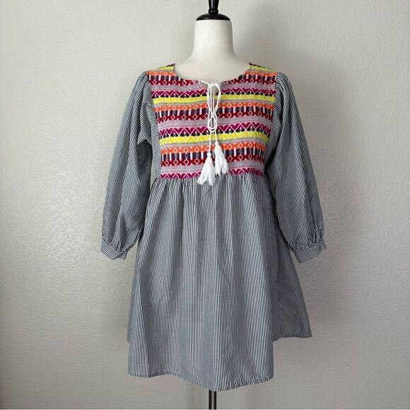Velzera Tops - Velzera Boho Embroidered Striped Tassel Dress/Tunic Top
